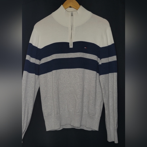 Tommy hilfiger white/grey/blue 1/4 zipup sweater - Picture 1 of 3